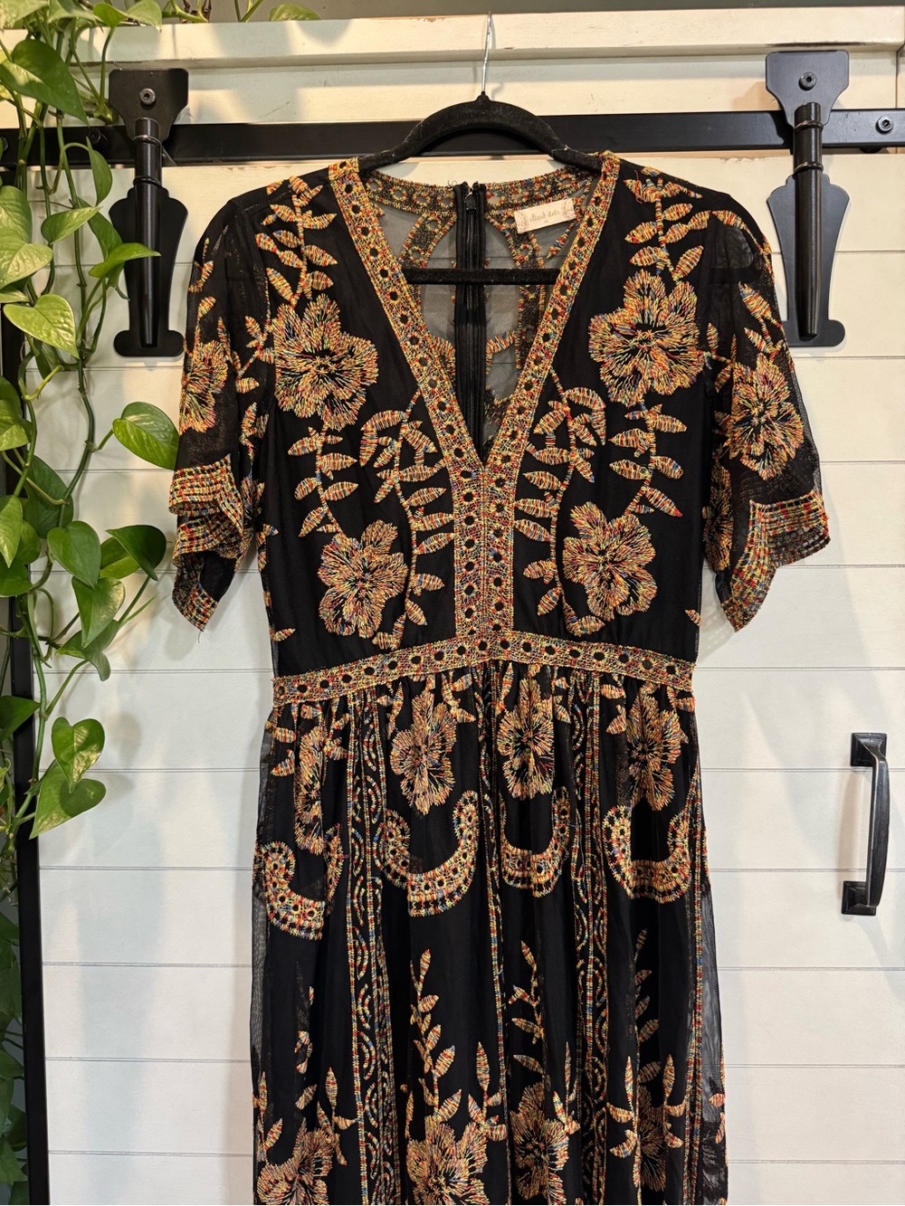 Altar'd State Black Maxi Dress with Gold & Tan Floral Embroidery